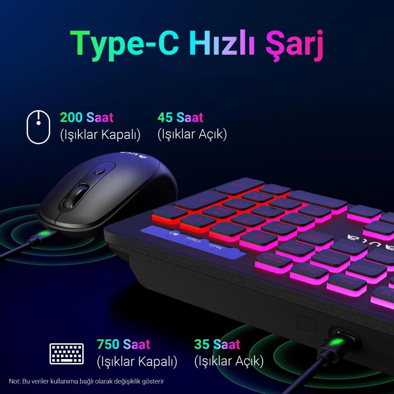 Aula AC208 Rainbow 2.4GHz Kablosuz Şarjlı Türkçe Q Klavye / Mouse ve Mousepad Seti - 3