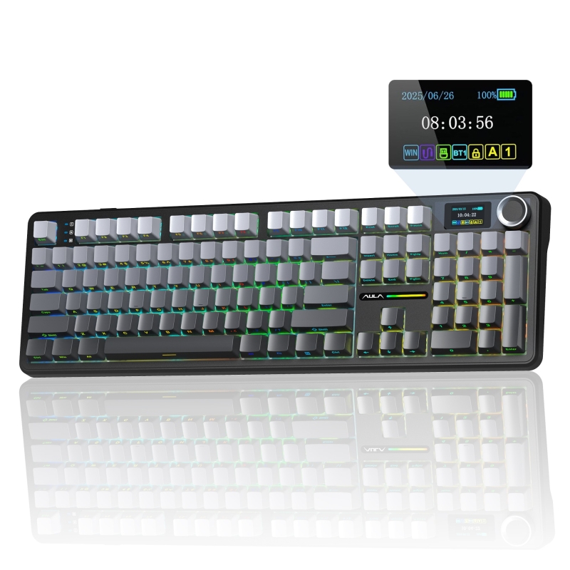 Aula F108 Pro Ekranlı Mekanik Klavye Nimbus Switch RGB Hot Swap 8000mAh Makrolu Oyuncu Klavyesi Gri - 1