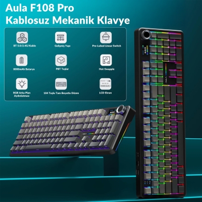 Aula F108 Pro Ekranlı Mekanik Klavye Nimbus Switch RGB Hot Swap 8000mAh Makrolu Oyuncu Klavyesi Gri - 2