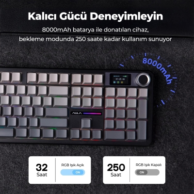 Aula F108 Pro Ekranlı Mekanik Klavye Nimbus Switch RGB Hot Swap 8000mAh Makrolu Oyuncu Klavyesi Gri - 9
