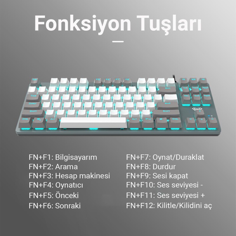 Aula F3287 Mavi Işıklı Kablolu Mekanik İngilizce Q TKL Gaming Oyuncu Klavyesi - 4