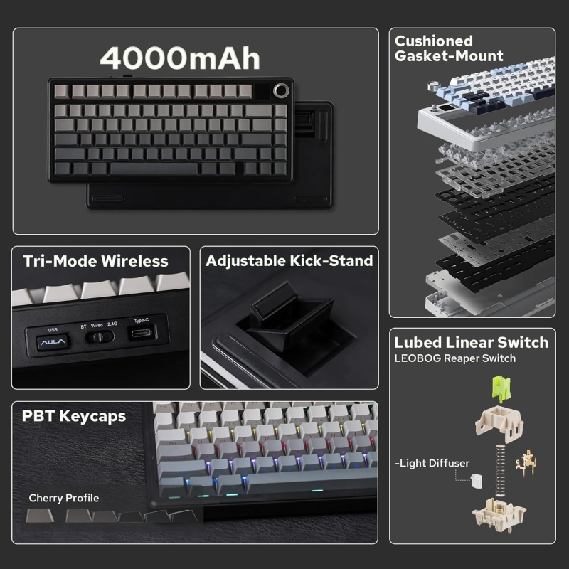 Aula F75 Max Mekanik RGB TKL Reaper Switch Kablosuz Makrolu Hot Swap Klavye Gri - 2
