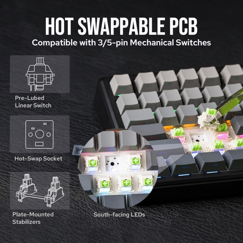 Aula F75 Max Mekanik RGB TKL Reaper Switch Kablosuz Makrolu Hot Swap Klavye Gri - 5