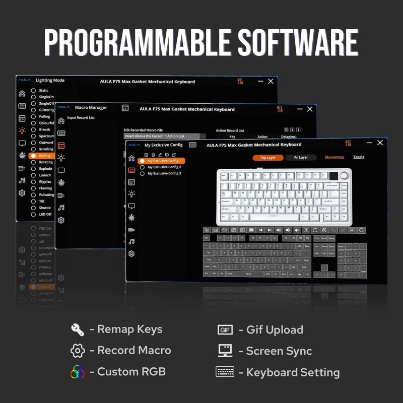 Aula F75 Max Mekanik RGB TKL Reaper Switch Kablosuz Makrolu Hot Swap Klavye Gri - 6
