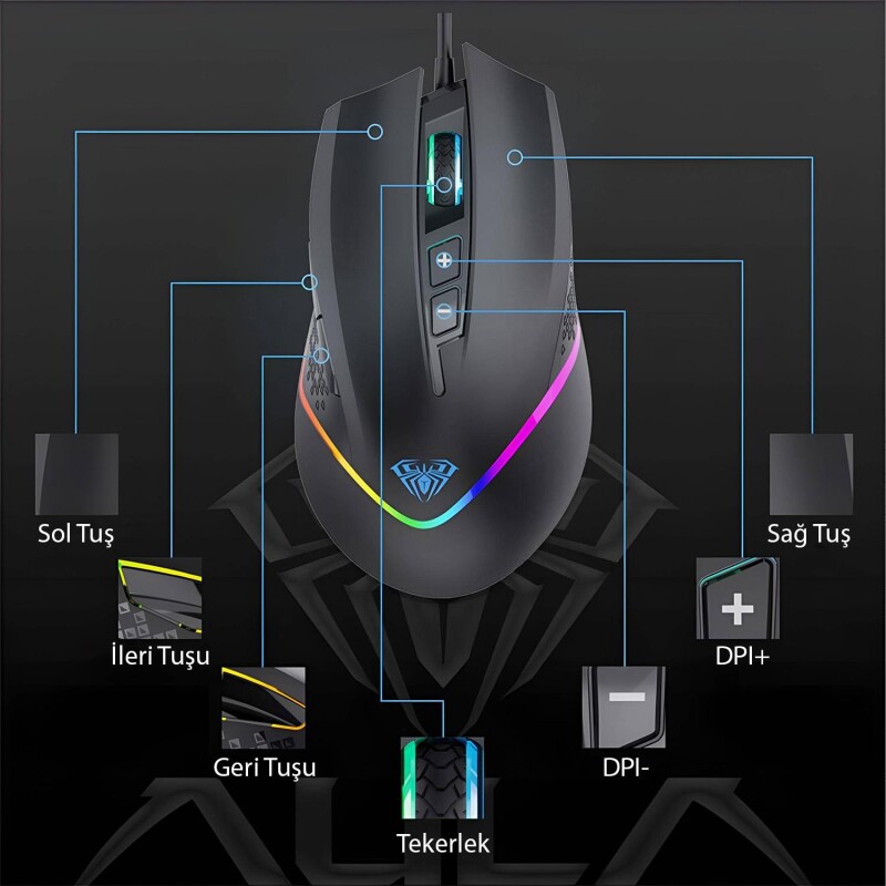 Aula F805 6400DPI RGB 7 Tuşlu Makro Optik Gaming Oyuncu Mouse - 3