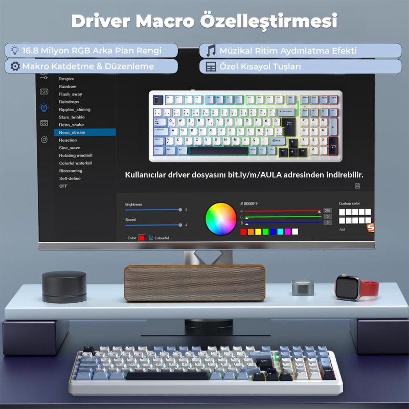Aula F99 Mekanik RGB GrayWood V4 Switch 3 Modlu Kablosuz Makrolu Hot Swap Türkçe Q Klavye Lacivert - 4