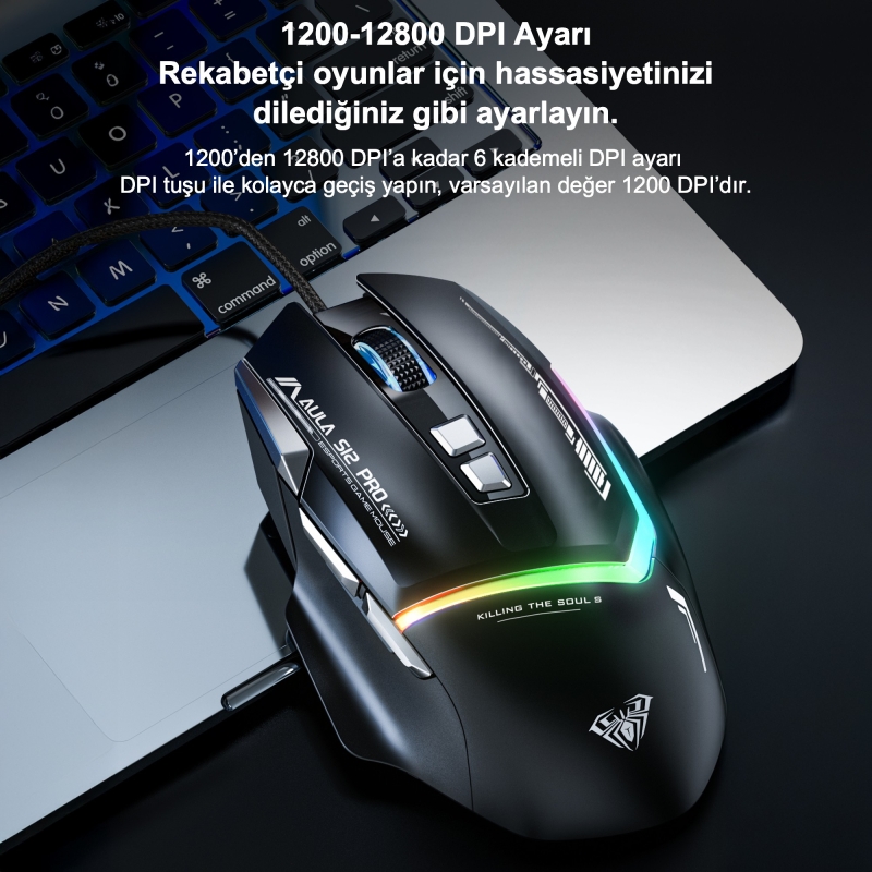 Aula S12 Pro 12800 DPI 8 Tuşlu Makrolu Kablolu Optik Gaming Oyuncu Mouse Siyah - 6