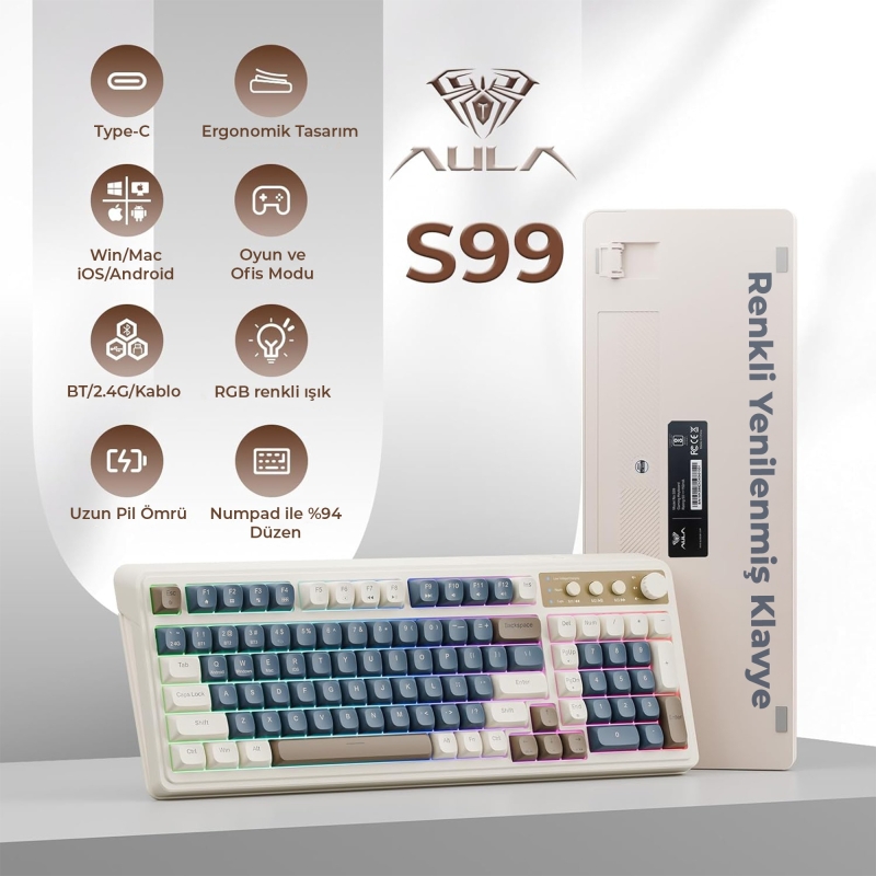 Aula S99 Retro RGB Gaming 3 Modlu Bluetooth/2.4GHz/USB-C Kablosuz Makrolu Türkçe Q Klavye Lacivert - 2