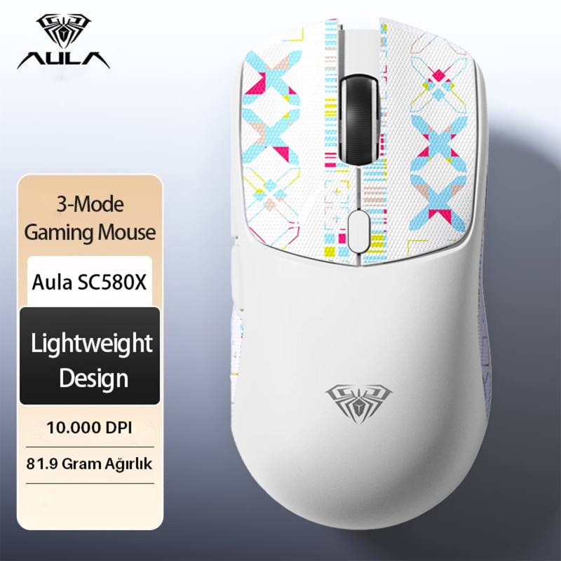 Aula SC580X Lightweight PAW3395 Sensor 10000 DPI 1000Hz Kablolu ve Kablosuz Gaming Oyuncu Mouse Beyaz - 3