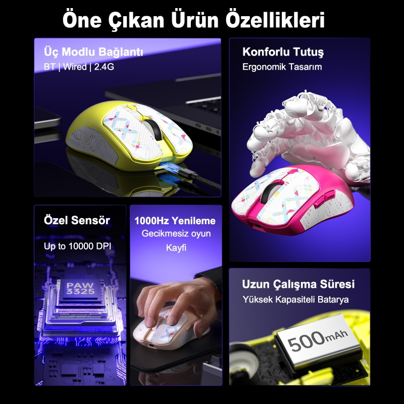 Aula SC580X Lightweight PAW3395 Sensor 10000 DPI 1000Hz Kablolu ve Kablosuz Gaming Oyuncu Mouse Beyaz - 4