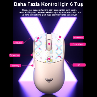 Aula SC580X Lightweight PAW3395 Sensor 10000 DPI 1000Hz Kablolu ve Kablosuz Gaming Oyuncu Mouse Beyaz - 5