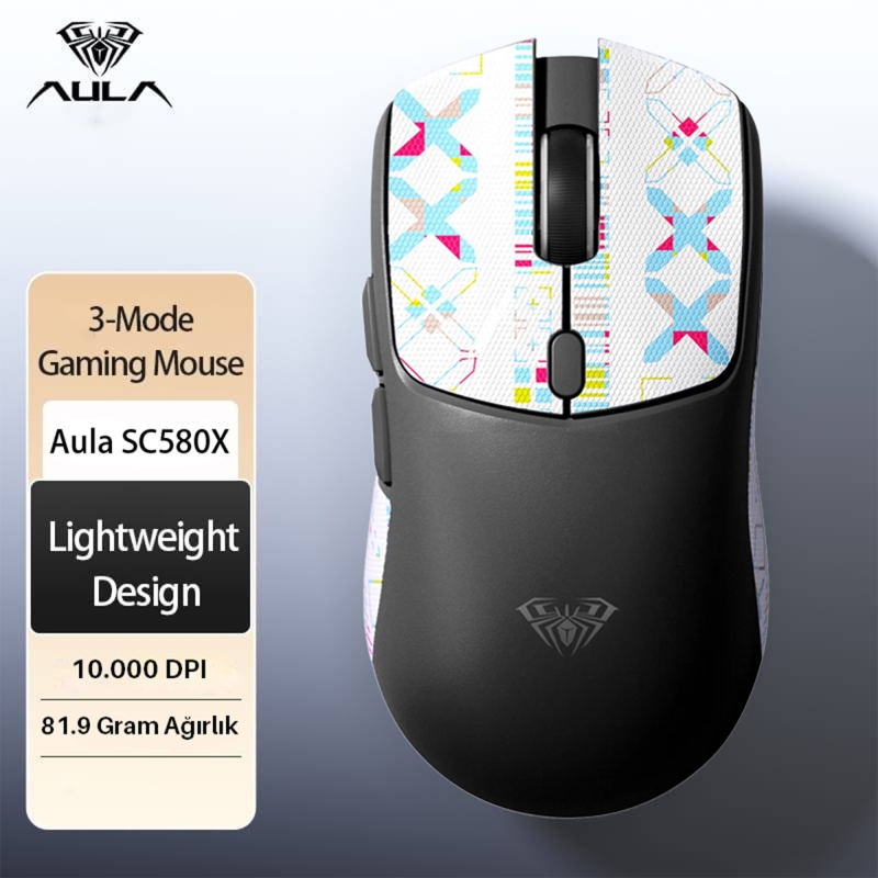 Aula SC580X Lightweight PAW3395 Sensör 10000 DPI 1000Hz Kablolu ve Kablosuz Gaming Oyuncu Mouse Siyah - 3