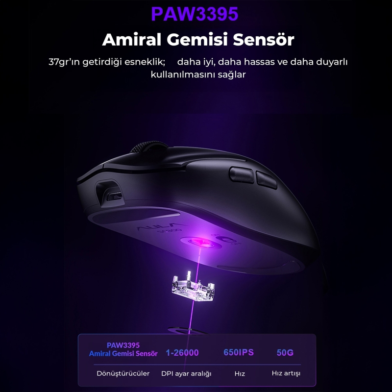 Aula SC800 Lightweight PAW3395 Sensor 26000 DPI 8000Hz Kablolu ve Kablosuz Gaming Oyuncu Mouse Beyaz - 4