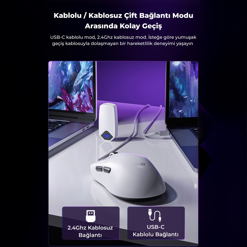 Aula SC800 Lightweight PAW3395 Sensor 26000 DPI 8000Hz Kablolu ve Kablosuz Gaming Oyuncu Mouse Beyaz - 5