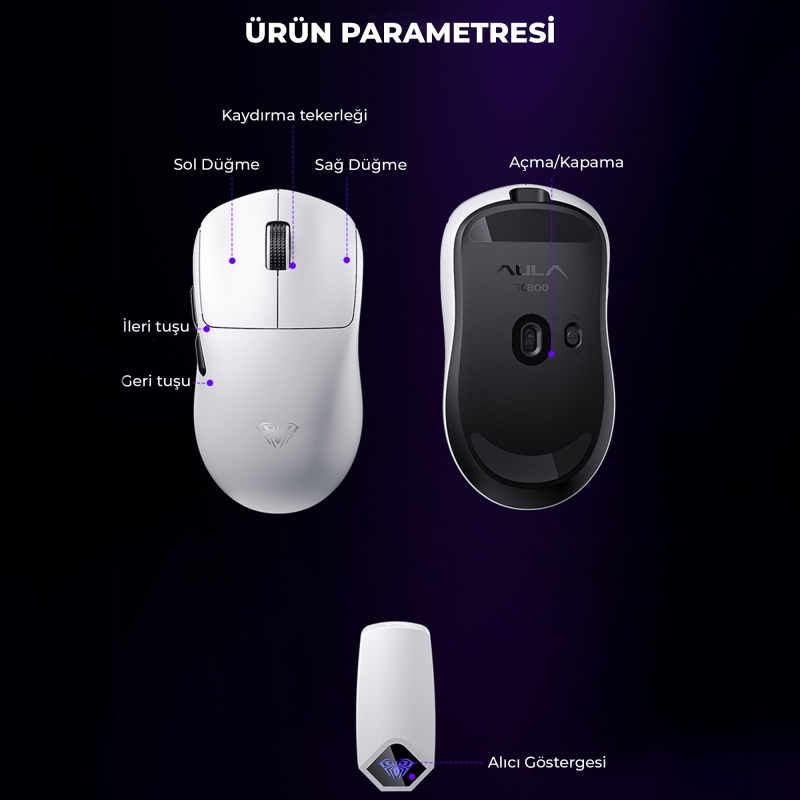 Aula SC800 Lightweight PAW3395 Sensor 26000 DPI 8000Hz Kablolu ve Kablosuz Gaming Oyuncu Mouse Beyaz - 8