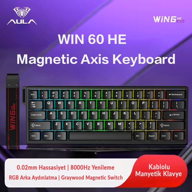 Aula Win60 He Manyetik Klavye Rapid Trigger Graywood Swtich 8000Hz RGB TKL Hot Swap Oyuncu Klavyesi Siyah - 2