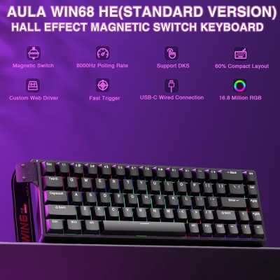 Aula Win68 He Manyetik Klavye Rapid Trigger Graywood Swtich 8000Hz RGB TKL Hot Swap Oyuncu Klavyesi Siyah - 2