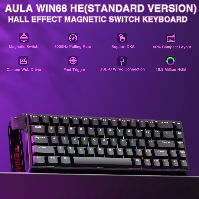 Aula Win68 He Manyetik Klavye Rapid Trigger Graywood Swtich 8000Hz RGB TKL Hot Swap Oyuncu Klavyesi Siyah - 2