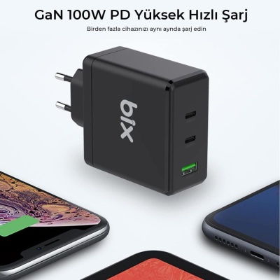 Bix 100W USB Type-C QC 4.0 PD 3.0 Gan 3 Portlu Hızlı Şarj Cihazı Siyah - 5