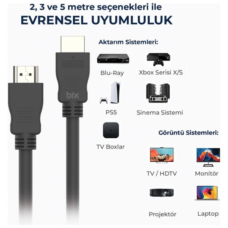 Bix 4K@60Hz 18 Gbps Veri Aktarım Destekli HDMI 2.0 Kablo 2 Metre - 5