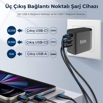 Bix 65W GaN USB Type-C QC 4.0 PD 3 Portlu Hızlı Şarj Cihazı Beyaz - 4