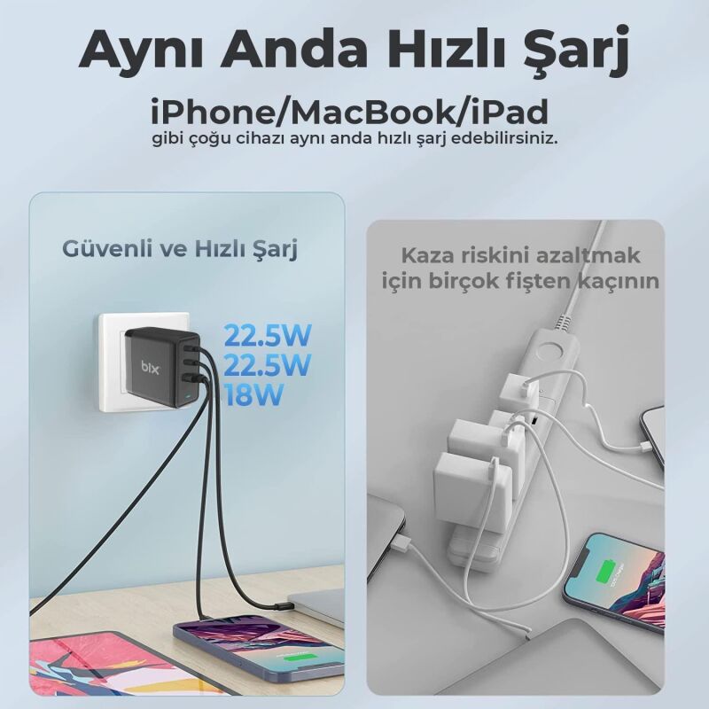 Bix 65W GaN USB Type-C QC 4.0 PD 3 Portlu Hızlı Şarj Cihazı Beyaz - 2