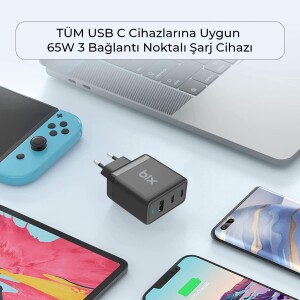 Bix 65W GaN USB Type-C QC 4.0 PD 3 Portlu Hızlı Şarj Cihazı Beyaz - 6