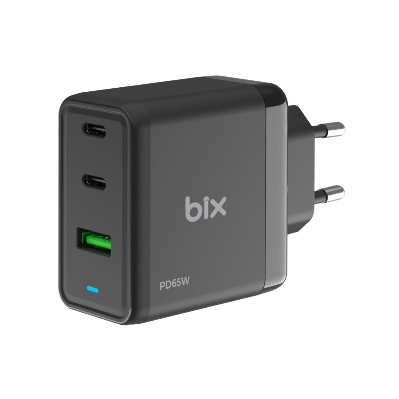 Bix 65W GaN USB Type-C QC 4.0 PD 3 Portlu Hızlı Şarj Cihazı Siyah - 1