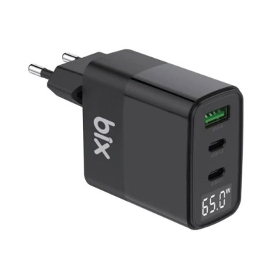 Bix 65W USB Type-C QC 4.0 PD 3.0 LED Göstergeli Gan 3 Portlu Hızlı Şarj Cihazı Siyah - 1