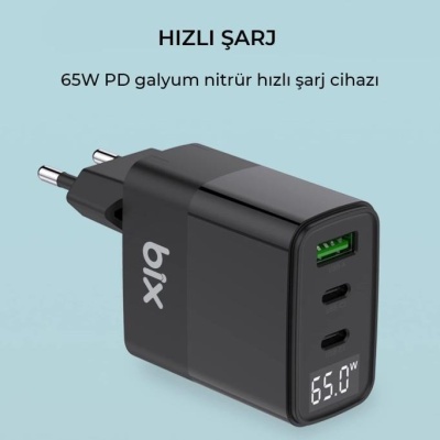 Bix 65W USB Type-C QC 4.0 PD 3.0 LED Göstergeli Gan 3 Portlu Hızlı Şarj Cihazı Siyah - 2