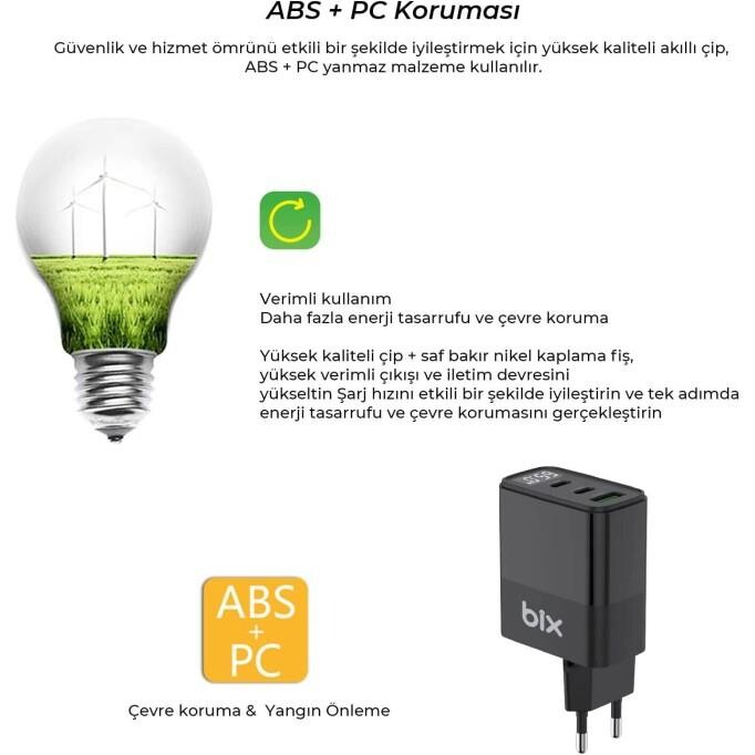 Bix 65W USB Type-C QC 4.0 PD 3.0 LED Göstergeli Gan 3 Portlu Hızlı Şarj Cihazı Siyah - 3