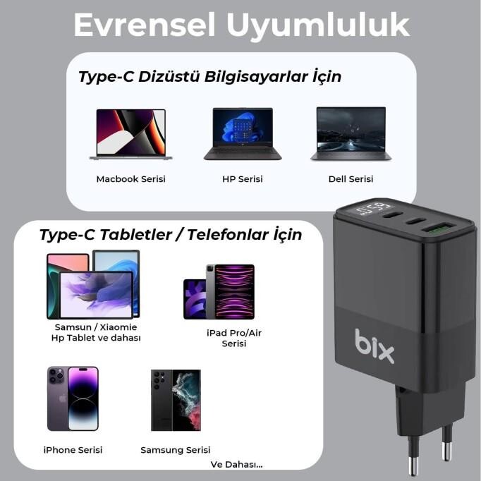 Bix 65W USB Type-C QC 4.0 PD 3.0 LED Göstergeli Gan 3 Portlu Hızlı Şarj Cihazı Siyah - 4