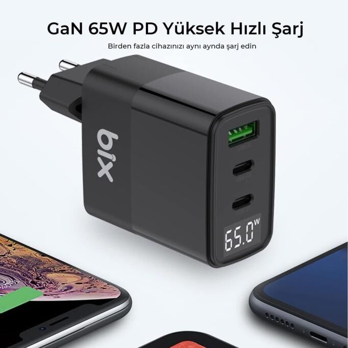 Bix 65W USB Type-C QC 4.0 PD 3.0 LED Göstergeli Gan 3 Portlu Hızlı Şarj Cihazı Siyah - 5