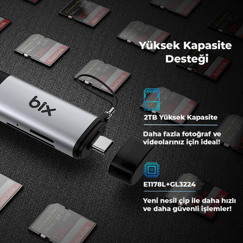 Bix ADP-11 Type-C ve USB 3.2 SD ve Micro SD OTG Hafıza Kartı Okuyucu - 5