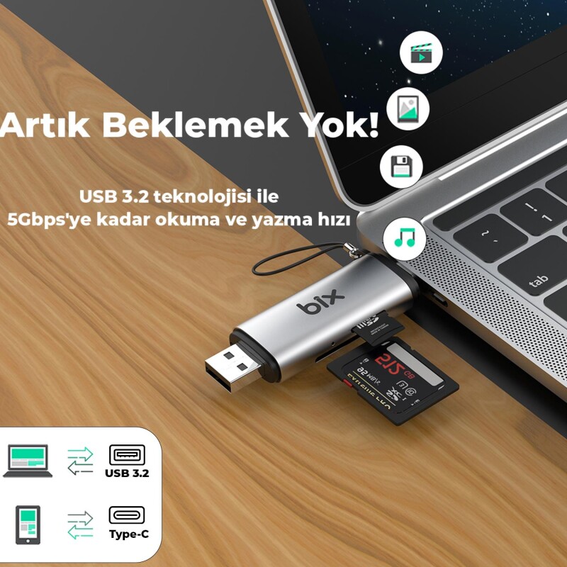 Bix ADP-11 Type-C ve USB 3.2 SD ve Micro SD OTG Hafıza Kartı Okuyucu - 6