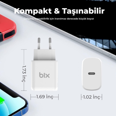 Bix BX-PD20TA 20W Type-C PD Hızlı Şarj Cihazı Adaptörü Beyaz - 2