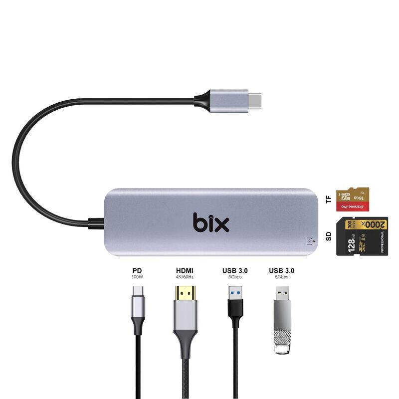 Bix BX09HB Type-C to 2*USB 3.0 4K HDMI PD 100W SD ve Micro SD Kart Okuyucu Çoklayıcı Hub - 5