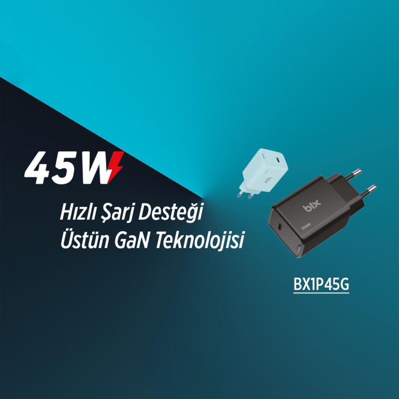 Bix BX1P45G 45W GaN Type-C PD PPS Akım Korumalı LED Göstergeli Hızlı Şarj Aleti Siyah - 3