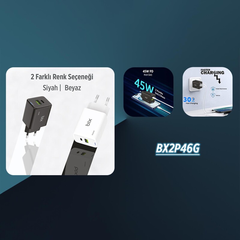 Bix BX2P46G 45W GaN USB-C + USB-A Şarj Aleti iPhone iPad PPS PD Type-C Hızlı Şarj Cihazı Beyaz - 7