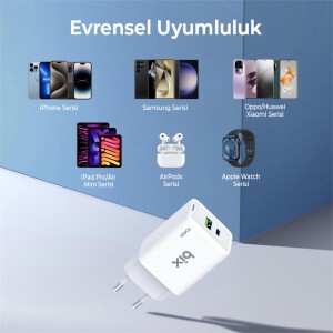 Bix BX2P46G 45W GaN USB-C + USB-A Şarj Aleti iPhone iPad PPS PD Type-C Hızlı Şarj Cihazı Beyaz - 4