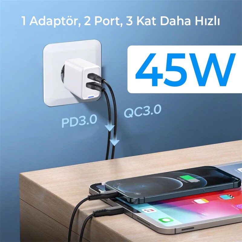 Bix BX2P46G 45W GaN USB-C + USB-A Şarj Aleti iPhone iPad PPS PD Type-C Hızlı Şarj Cihazı Siyah - 3