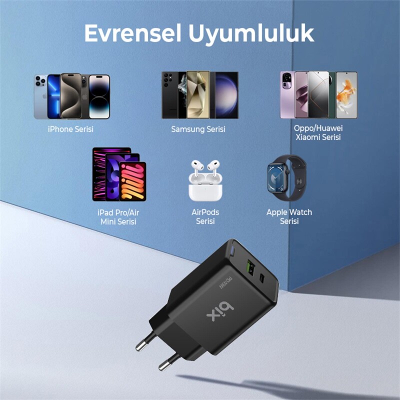 Bix BX2P46G 45W GaN USB-C + USB-A Şarj Aleti iPhone iPad PPS PD Type-C Hızlı Şarj Cihazı Siyah - 4