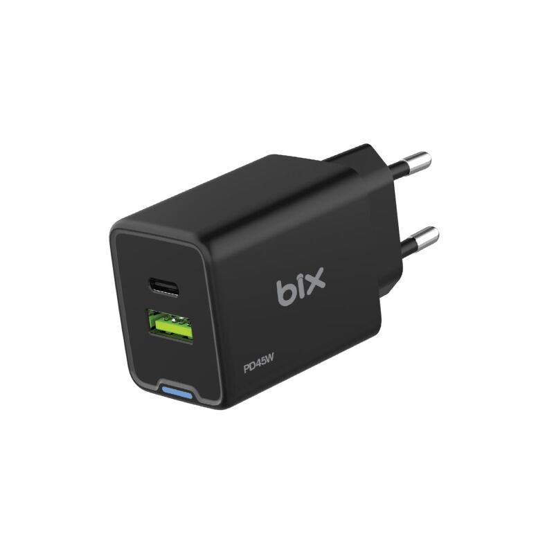 Bix BX2P46G 45W GaN USB-C + USB-A Şarj Aleti iPhone iPad PPS PD Type-C Hızlı Şarj Cihazı Siyah - 1