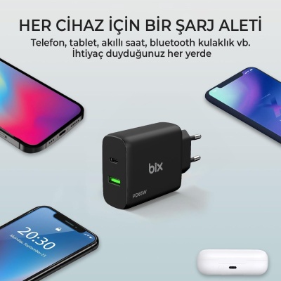 Bix BX2P65G 65W GaN USB-C + USB-A Şarj Aleti iPhone iPad PD PPS Type-C Hızlı Şarj Cihazı Siyah - 5