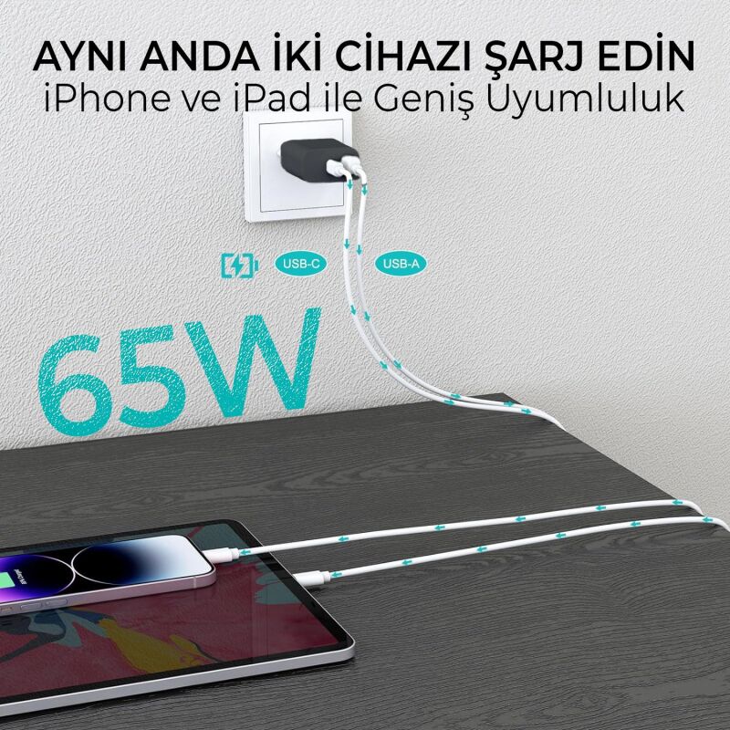 Bix BX2P65G 65W GaN USB-C + USB-A Şarj Aleti iPhone iPad PD PPS Type-C Hızlı Şarj Cihazı Siyah - 6