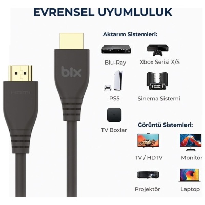 Bix Premium 8K@60Hz 4K@120Hz eARC Yüksek Hızlı HDMI 2.1 Kablo 2 Metre - 6