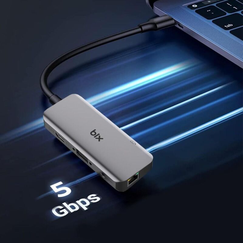 Bix Type-C to HDMI VGA Ethernet 3.5mm Jack USB 3.0 PD Kart Okuyucu Dönüştürücü Adaptör - 4