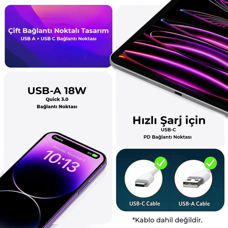 Bix ZH-2U41T 25W USB Type-C PD Çift Portlu Hızlı Şarj Cihazı Beyaz - 5