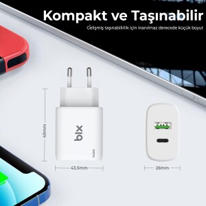 Bix ZH-2U41T 25W USB Type-C PD Çift Portlu Hızlı Şarj Cihazı Beyaz - 6