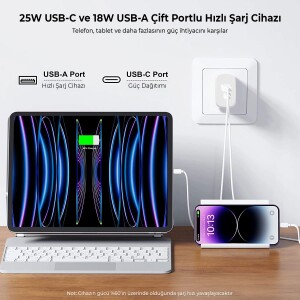 Bix ZH-2U41T 25W USB Type-C PD Çift Portlu Hızlı Şarj Cihazı Beyaz - 7